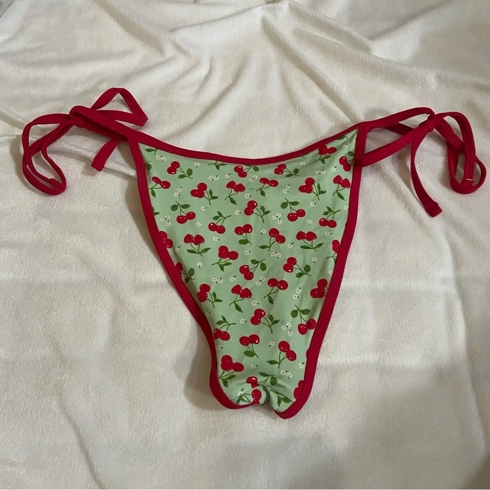 New! Frankie’s Bikinis x Pink Cherry Print Bikini Bottom green 1542